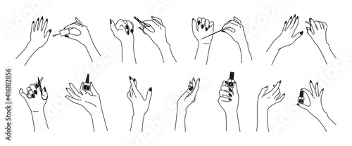 Female manicured hand trendy black line set. Hands nail design, varnish, file and scissors. Flat contour manicure accessories, equipment tools. Different nations Spa beauty concept vector illustration