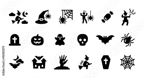 Halloween vector icon set illustration with witch, tomb, spider and candy symbol.