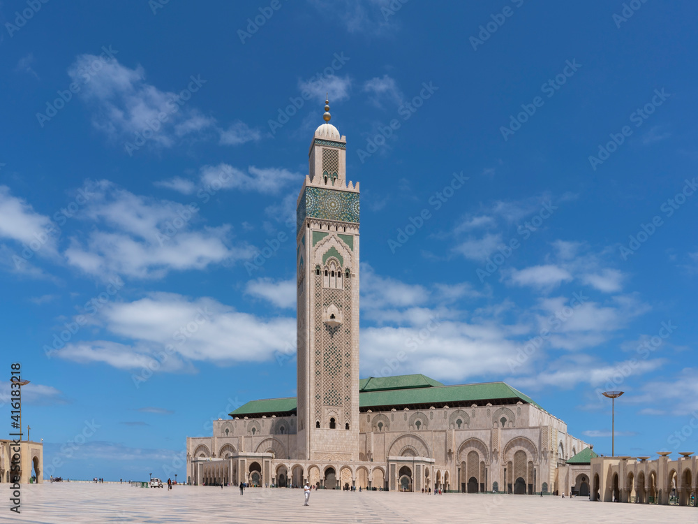 a morning wide angle shot of the hassan ii mosque in casablanca