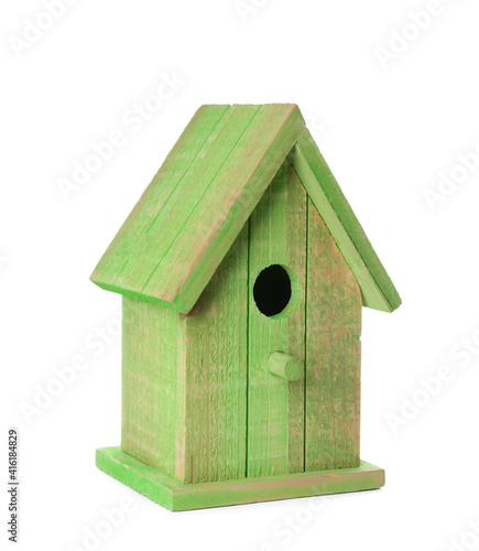 Beautiful green wooden bird box isolated on white