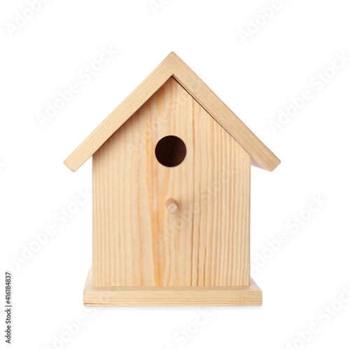 Fotobehang Beautiful wooden bird box isolated on white
