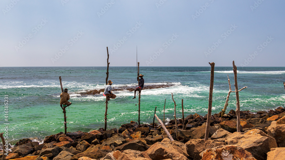 Traditional pole fishermen in Sri Lanka