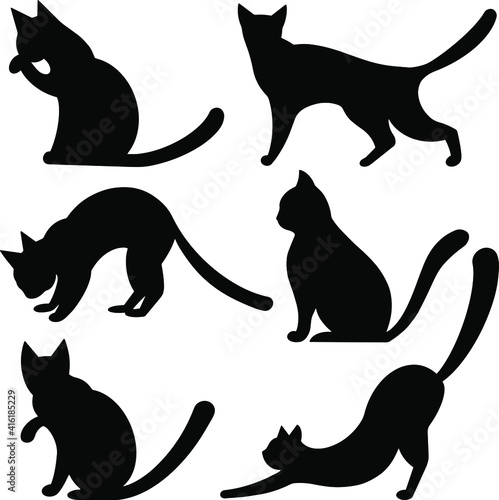 Set of vector cat silhouettes. Black cats in different poses isolated on white
