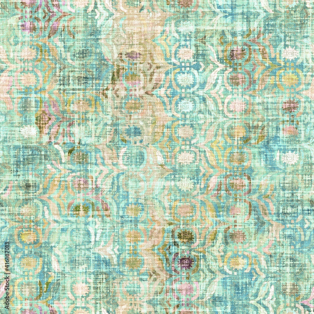 Rustic mottled linen woven texture. Seamless printed fabric pattern. Tropical pastel coastal style. Interior textile background. Mottled colorful peach green dye stains. Soft rustic summer home decor
