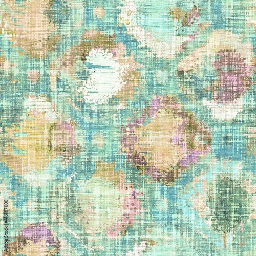 Rustic mottled linen woven texture. Seamless printed fabric pattern. Tropical pastel coastal style. Interior textile background. Mottled colorful peach green dye stains. Soft rustic summer home decor  © Nautical