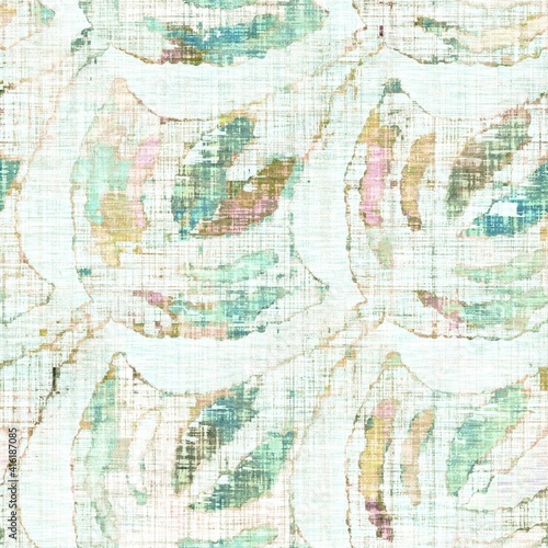 Rustic mottled linen woven texture. Seamless printed fabric pattern. Tropical pastel coastal style. Interior textile background. Mottled colorful peach green dye stains. Soft rustic summer home decor 