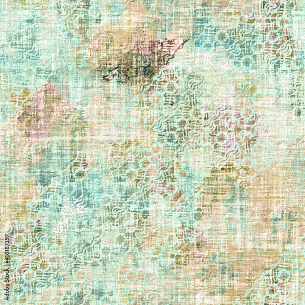 Fototapeta premium Rustic mottled linen woven texture. Seamless printed fabric pattern. Tropical pastel coastal style. Interior textile background. Mottled colorful peach green dye stains. Soft rustic summer home decor 