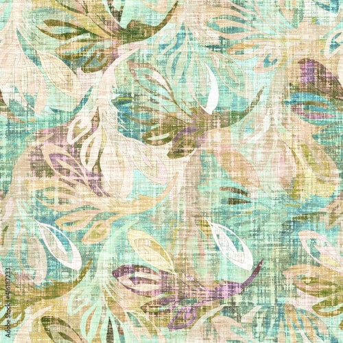 Rustic mottled linen woven texture. Seamless printed fabric pattern. Tropical pastel coastal style. Interior textile background. Mottled colorful peach green dye stains. Soft rustic summer home decor 