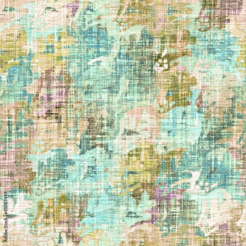 Rustic mottled linen woven texture. Seamless printed fabric pattern. Tropical pastel coastal style. Interior textile background. Mottled colorful peach green dye stains. Soft rustic summer home decor © Nautical
