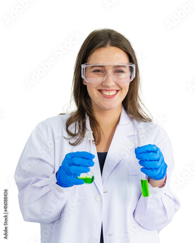 female scientist wearing safety glasses poured chemicals into a test tube