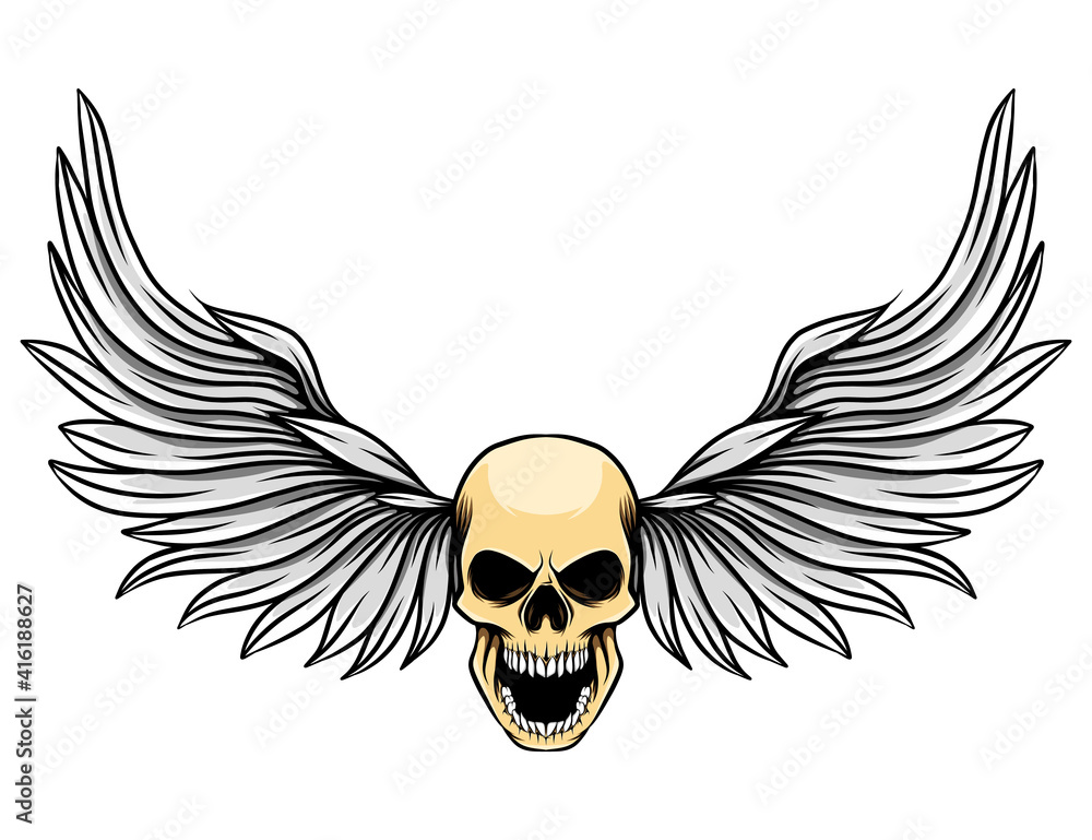Fototapeta premium The dashing wings with the human dead skull for the tattoo inspiration
