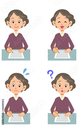 書類に記入するシニアの女性の様々な表情
