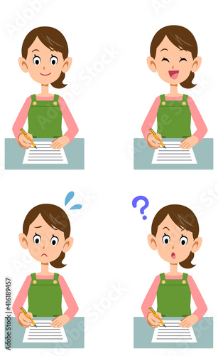 書類に記入する主婦の様々な表情
