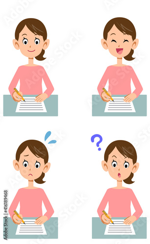 書類に記入する女性の様々な表情
