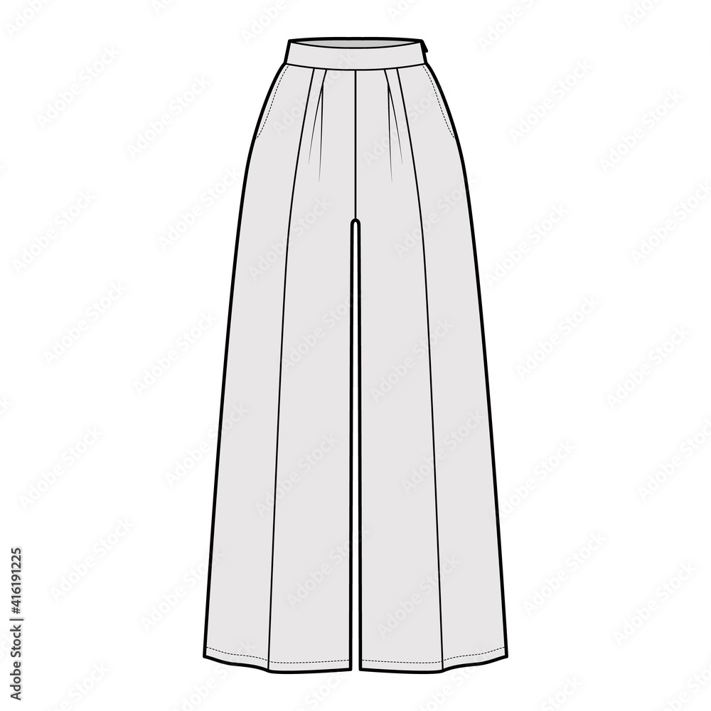 Pants gaucho technical fashion illustration with low normal waist, high rise, single pleat, ankle cropped length, seam pockets. Flat trousers apparel template grey color. Women, men, unisex CAD mockup Pants gaucho technical fashion illustration with low normal waist, high rise, single pleat, ankle cropped length, seam pockets. Flat trousers apparel template grey color. Women, men, unisex CAD mockup