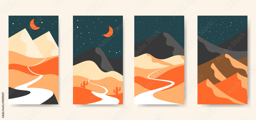 Trendy set of creative landscape mountain shape contemporary art in vintage background template