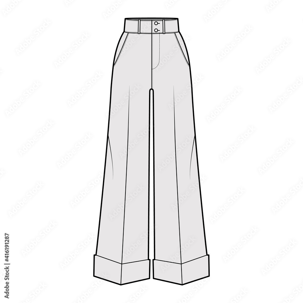 Pants oxford tailored technical fashion illustration with normal waist, high rise, full length, slant jetted pockets. Flat trousers apparel template front, grey color. Women men unisex CAD mockup Pants oxford tailored technical fashion illustration with normal waist, high rise, full length, slant jetted pockets. Flat trousers apparel template front, grey color. Women men unisex CAD mockup