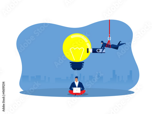 Thief holding usb flash drive to connect other light bulb . hacker idea concept vector illustration