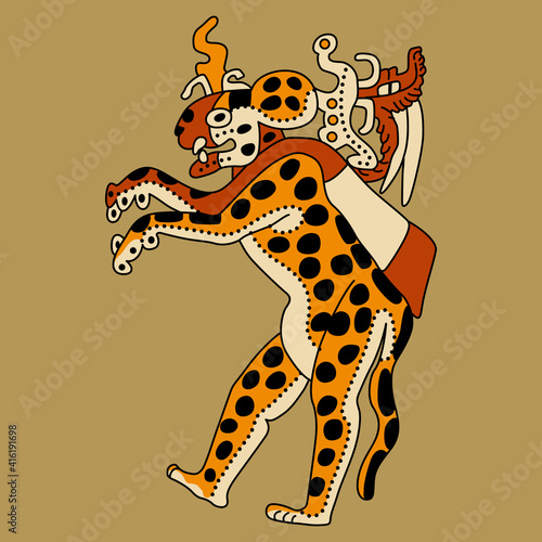 Standing anthropomorphic jaguar. Native American art of Maya Indians.	