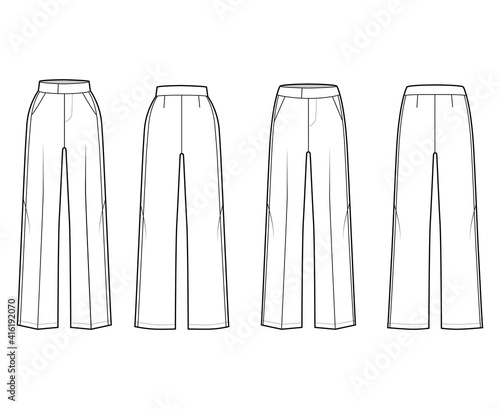 Set of Pants tuxedo technical fashion illustration with extended low normal waist, high rise, slant pockets, side stripe. Flat bottom apparel template back, white color. Women, men, unisex CAD mockup
