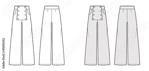 Set of Pants sailor technical fashion illustration with low waist, rise, full length, pockets, front buttons. Flat trousers bottom apparel template back, white grey color. Women, men unisex CAD mockup