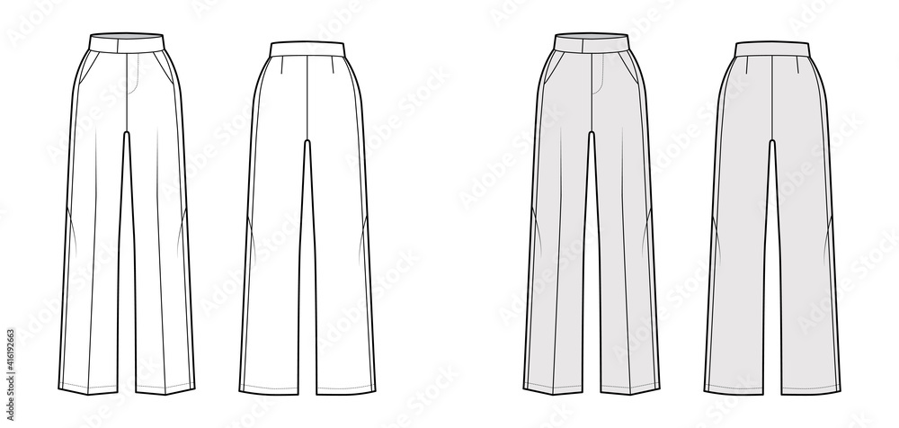 Pants tuxedo technical fashion illustration with extended normal waist, high rise, full length, slant pockets, side satin stripe. Flat trousers template back, white, grey color. Women, men CAD mockup Pants tuxedo technical fashion illustration with extended normal waist, high rise, full length, slant pockets, side satin stripe. Flat trousers template back, white, grey color. Women, men CAD mockup