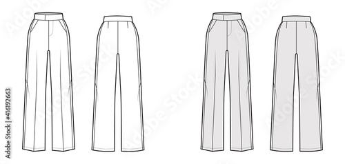 Pants tuxedo technical fashion illustration with extended normal waist, high rise, full length, slant pockets, side satin stripe. Flat trousers template back, white, grey color. Women, men CAD mockup