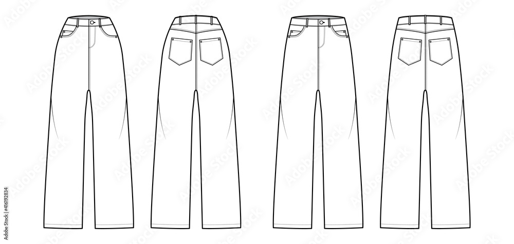 Set of Baggy Jeans Denim pants technical fashion illustration with normal  low waist, high rise, 5 pockets, Rivets, belt loops. Flat front, back,  white, color style. Women, men, unisex CAD mockup Stock