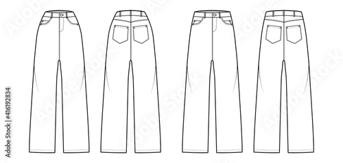 Set of Baggy Jeans Denim pants technical fashion illustration with normal low waist, high rise, 5 pockets, Rivets, belt loops. Flat front, back, white, color style. Women, men, unisex CAD mockup