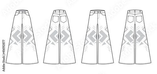 Set of Phat Pants Denim Jeans technical fashion illustration with full length, normal low waist, high rise, 5 pockets, Rivets, wide legs. Flat template front back white color style. Women CAD mockup