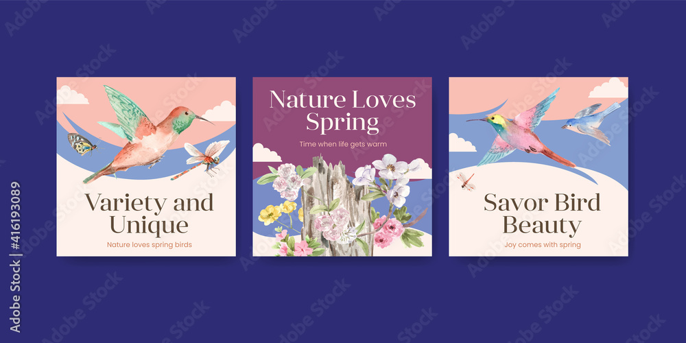 Advertise template with spring and bird concept design for marketing watercolor illustration