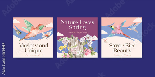 Advertise template with spring and bird concept design for marketing watercolor illustration