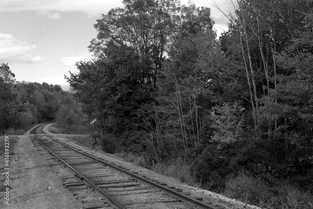 Railroad going into the distance, black and white photo
