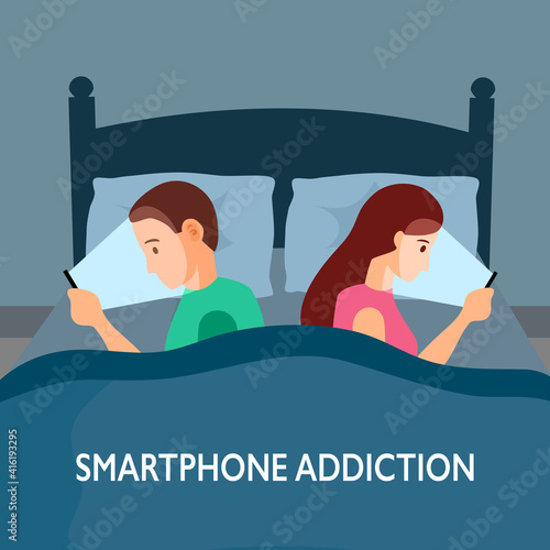 Smartphone addiction concept vector illustration. Man and woman using internet on mobile phone at bedtime in flat design. Internet addiction.