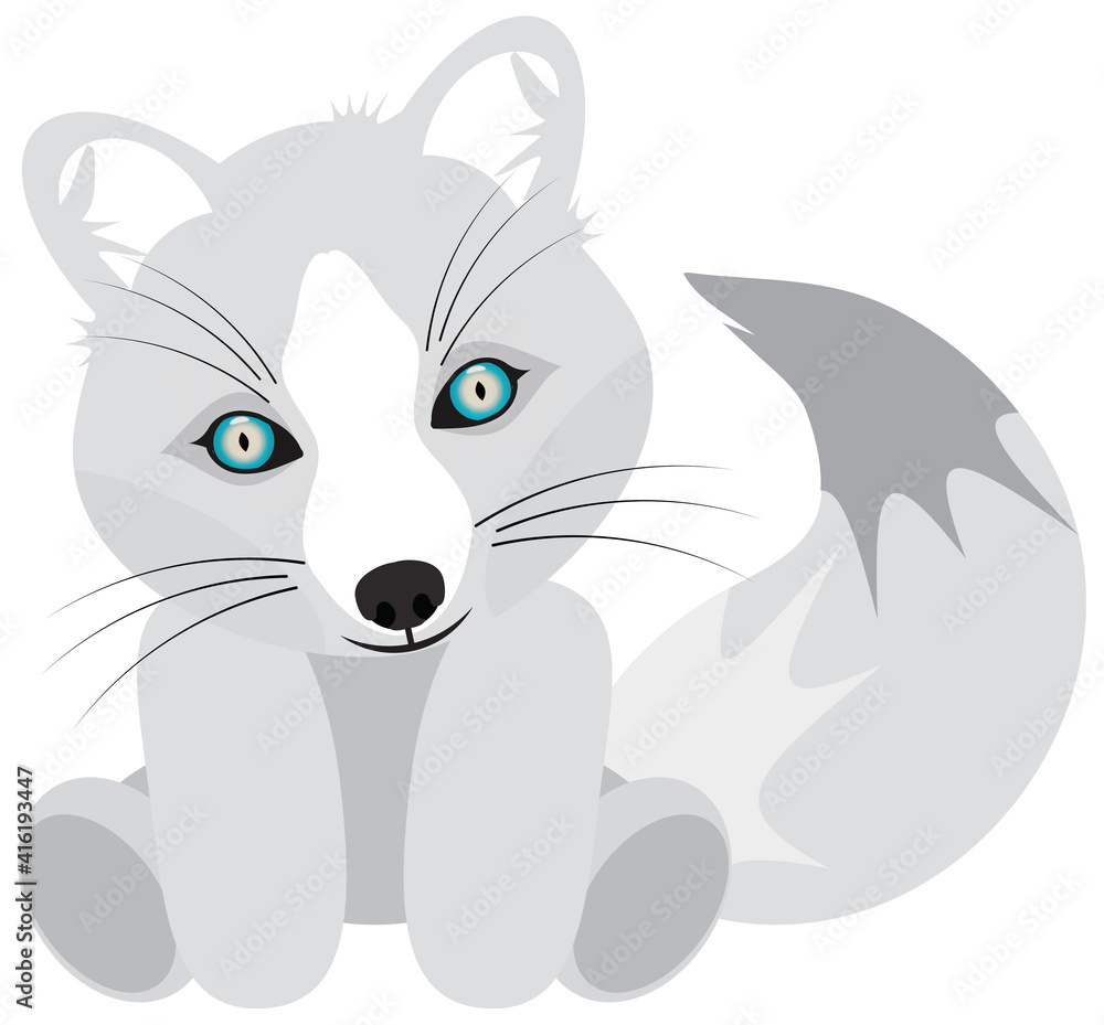 Fototapeta premium Baby White Artic Fox Stuffed Animal with Blue Eyes and Big Tail. Clipping Path on White Background.