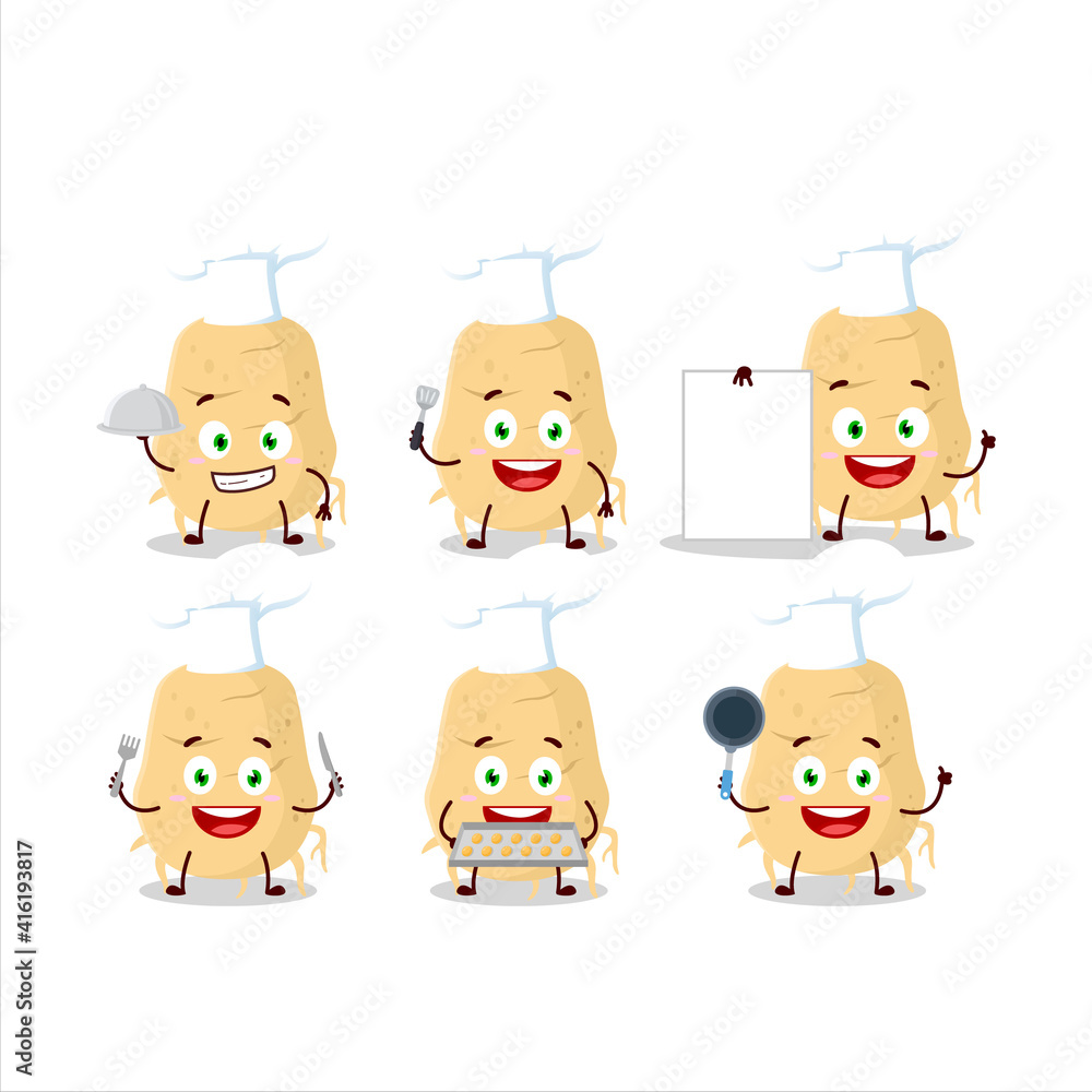 Cartoon character of turmeric with various chef emoticons Cartoon character of turmeric with various chef emoticons