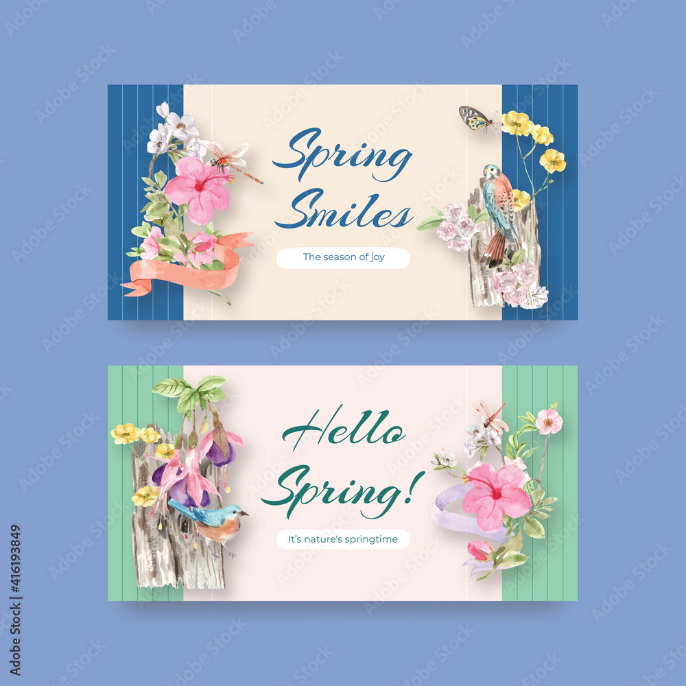 Twitter template with spring and bird concept design for social media and community watercolor illustration