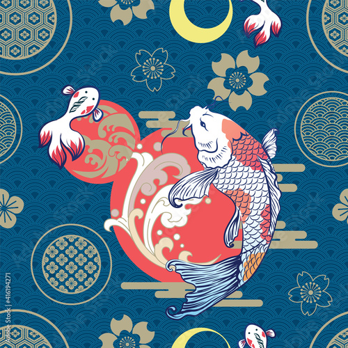 Seamless Art Japanese Repeat Pattern KOI Carp Fish and Little Fish Swimming with Badges of Hexagon Sakura Pattern, Sun and Flower on Water Wave Pattern Background Template Design for Wrapping Paper