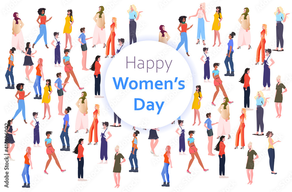 mix race girls celebrating international womens day 8 march holiday celebration concept seamless pattern full length horizontal vector illustration mix race girls celebrating international womens day 8 march holiday celebration concept seamless pattern full length horizontal vector illustration
