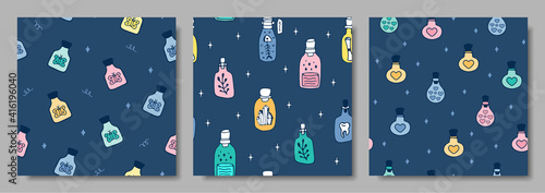 witch potion seamless pattern. set of patterns with magic jars. Magic elixir hand drawn pattern design. concept of magic. mysticism and voodoo. for fabric, wallpapers, covers, cards, prints, postcards