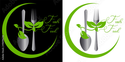logo fresh food with fork and spoon and sprig of greens