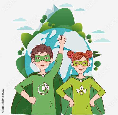 Two cute children super heroes. Protect and save Earth Planet vector concept
