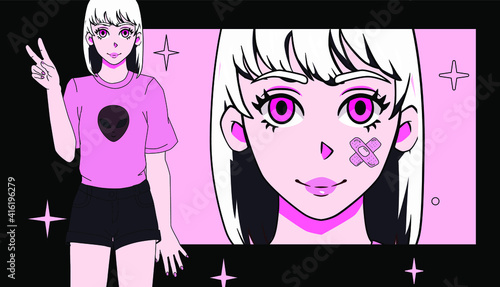 Cartoon blonde-haired grunge anime girl showing victory hand gesture. Stylish trendy female personage in alternative subculture style.