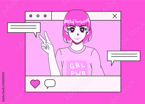 Cartoon anime girl showing victory hand gesture. Cartoon modern trendy personage.