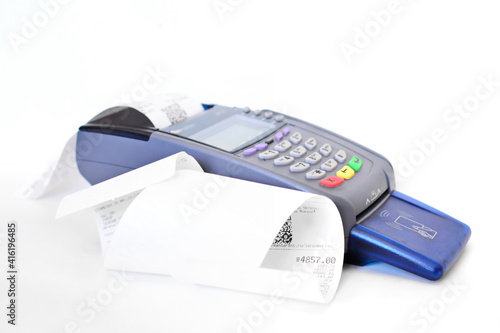 Pos payment terminal print long store receipt with qr code for purchase on white background. Isolated