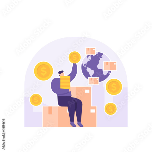 the concept of distributors and resellers, online shops, marketplace or e-commerce businesses. illustration of a man sending packages around the world to earn money. delivery service vector. flat