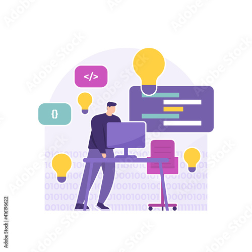 a concept of a full stack developer, application programmer and website. illustration of a man working at an office desk, making a program or project. job or profession. flat style. vector design