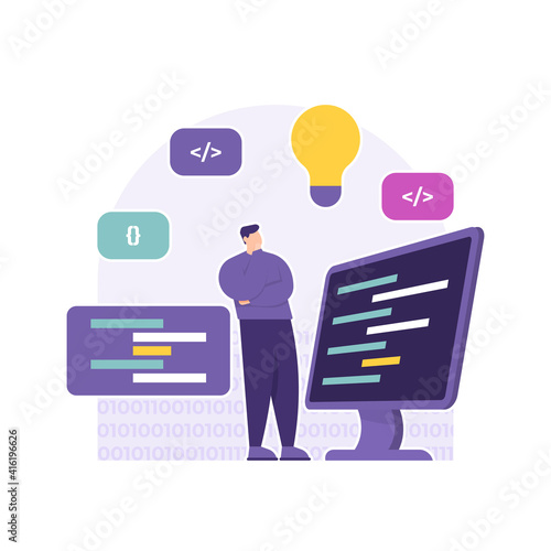 a concept of a full stack developer, application programmer and website. illustration of a man who is thinking of making a program or project. think of an idea. job or profession. flat style. vector