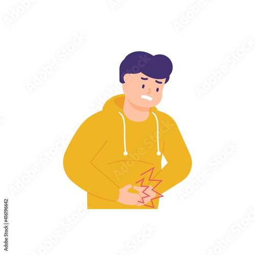 a man holds his stomach because he feels stomach pain after eating. effects of satiety, eating too much, flatulence. expression of a person in pain. flat style. vector design element