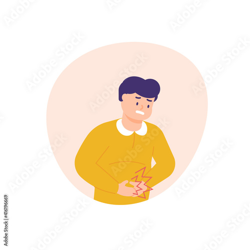 a man holds his stomach because he feels stomach pain after eating. effects of satiety, eating too much, flatulence. expression of a person in pain. flat style. vector design element